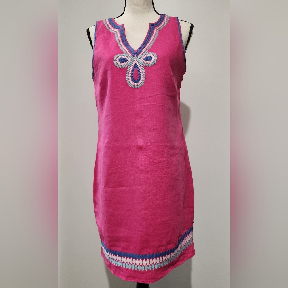 Pink Embroidered Sleeveless Dress Linen fully lined.